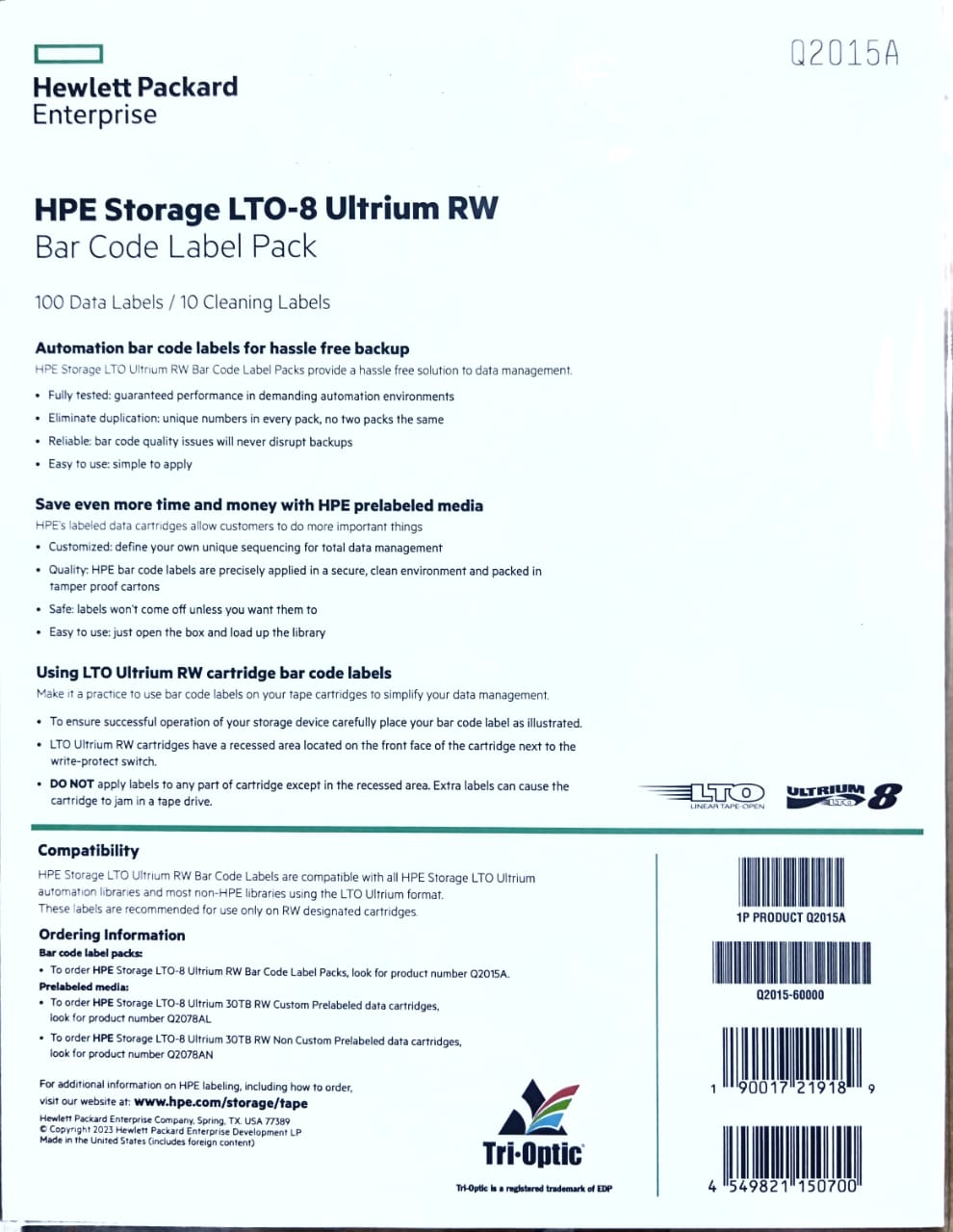 HP LTO-8 Bar Code : 12/30TB Label Packs (Q2015A)