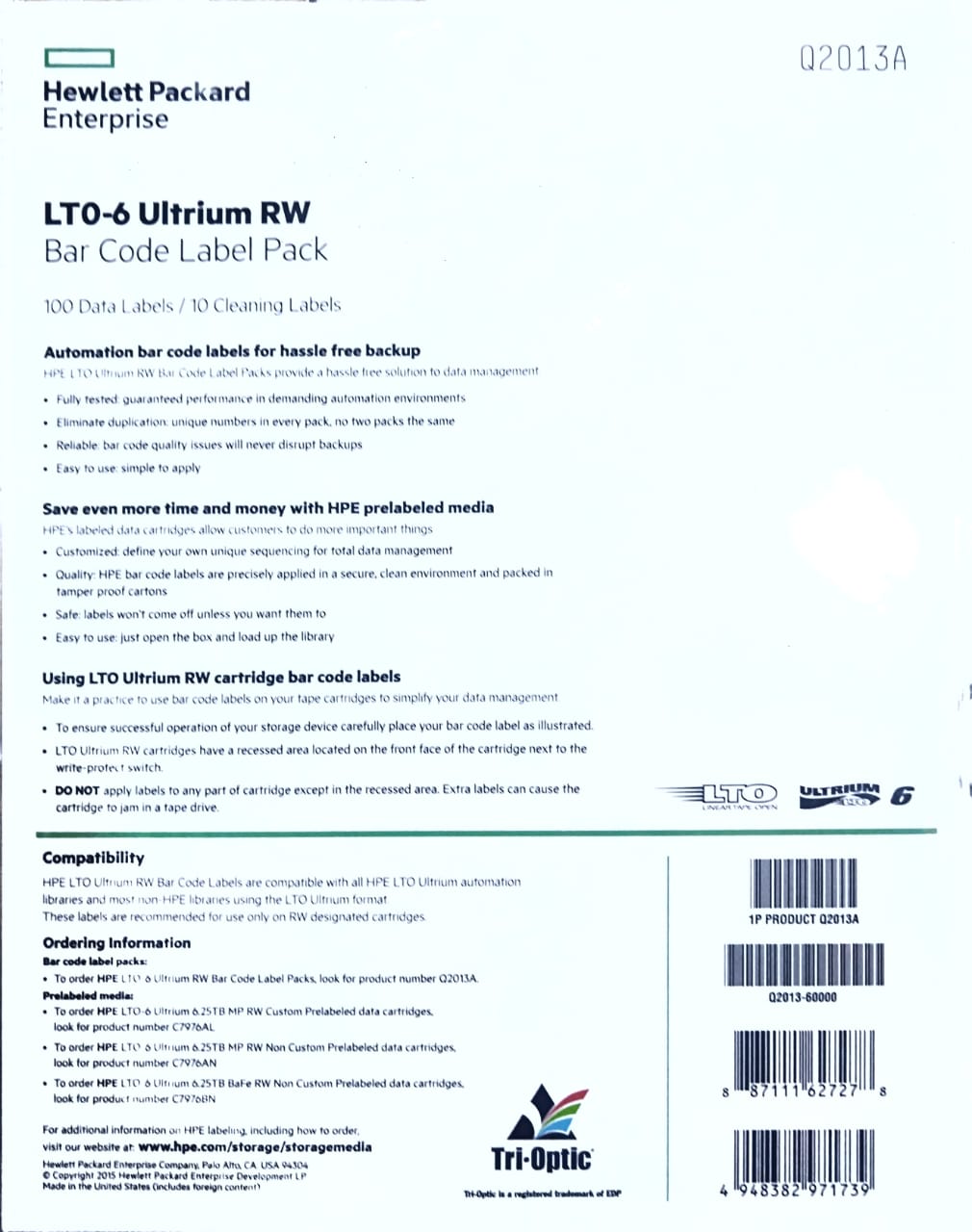 HP LTO-6 Bar Code :  (Q2013A) : 100 Data Labels + 10 Cleaning Labels